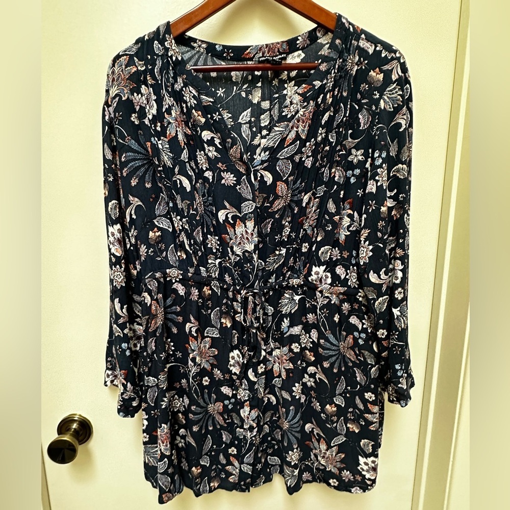 Hilary Radley Rayon Button Up Blouse With Drawstring Waist Tunic